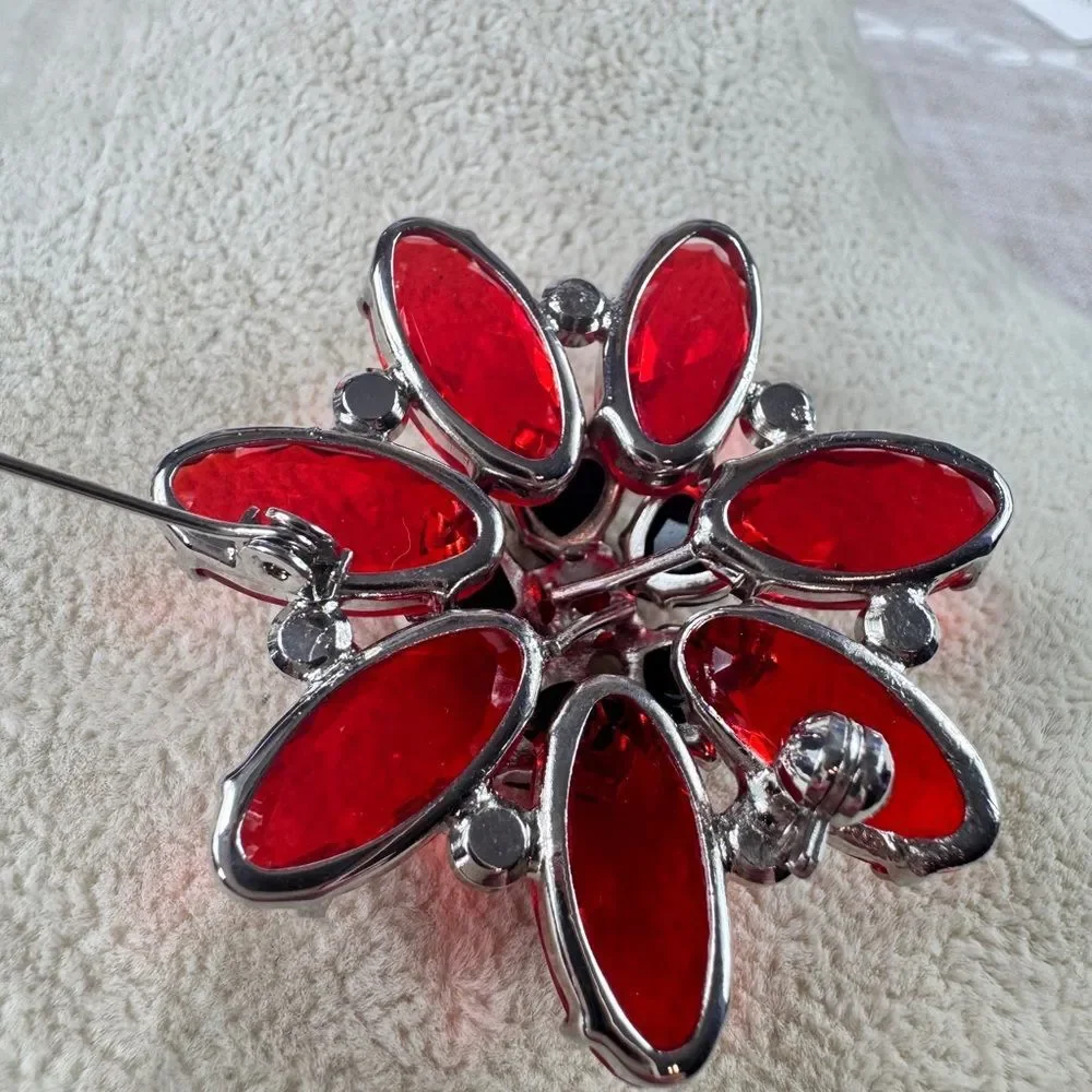 Elegant Red and Black Floral Brooch